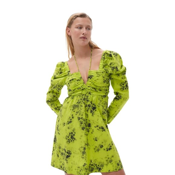 Ganni Ternder Shoots Green & Black Floral Printed Poplin Mini Dress, Size 4 | 36 - Picture 2 of 9